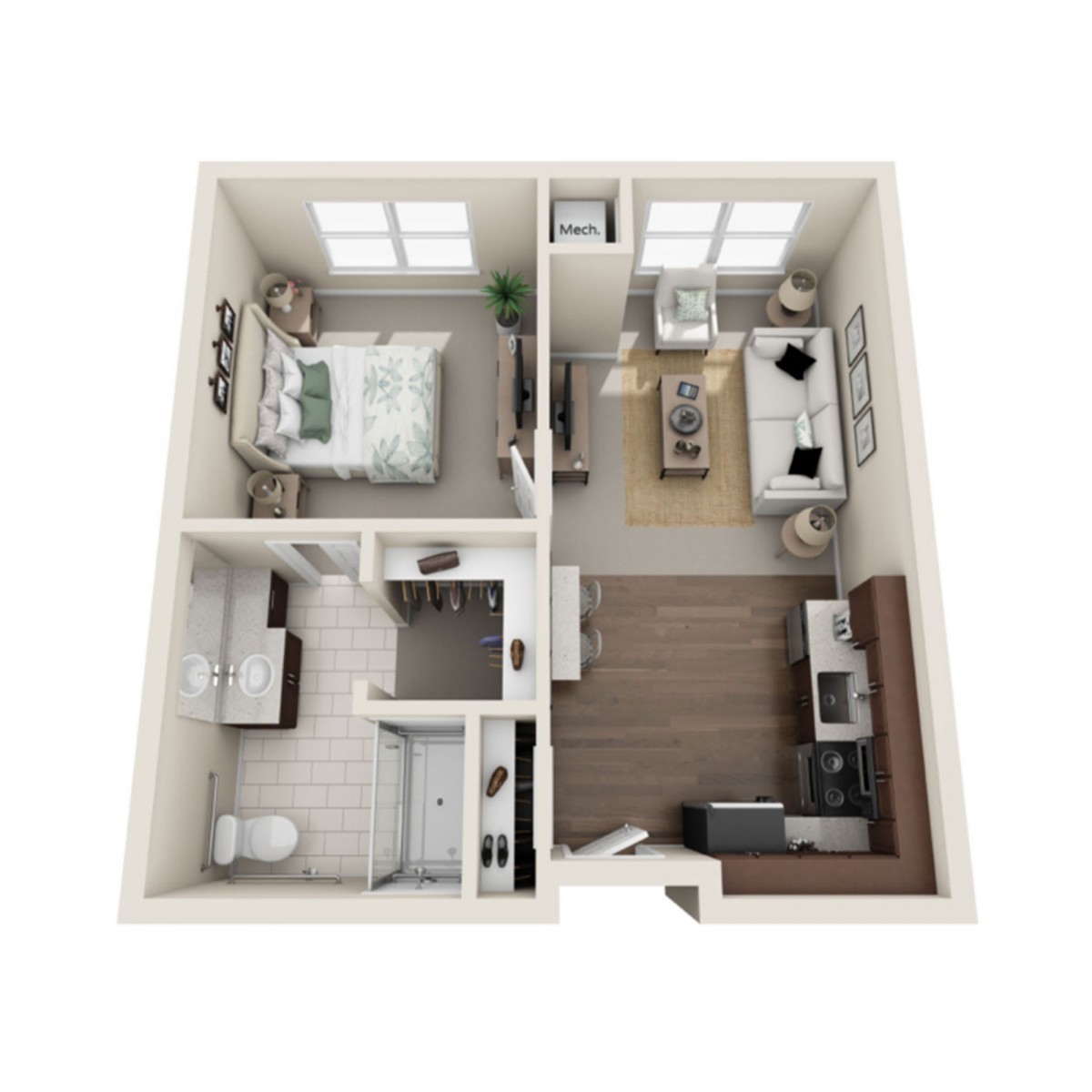 A 3D rendering of a one-bedroom apartment floor plan, featuring a living room, kitchen, and bathroom.