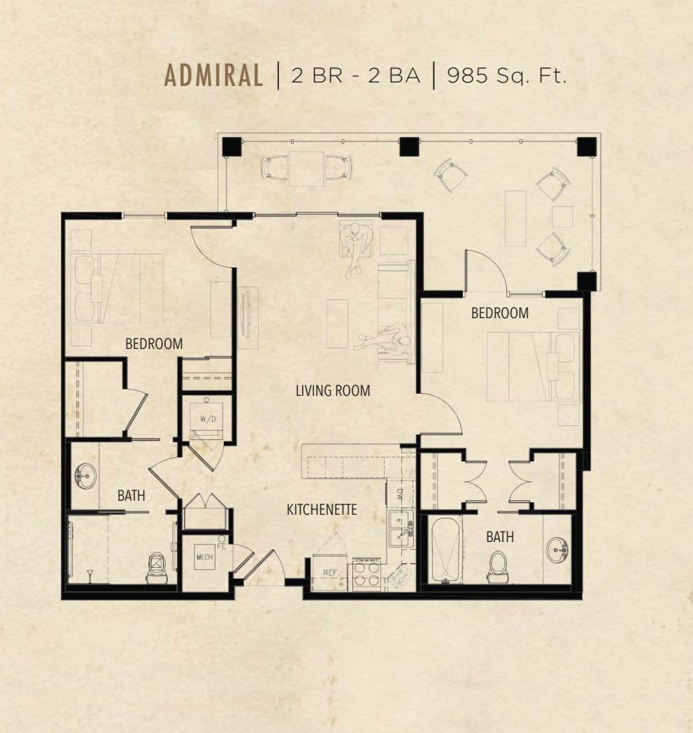 Floor plan of a residential apartment featuring 2 bedrooms and 2 bathrooms.