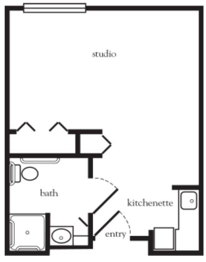 A floor plan showing the layout of a studio apartment with a kitchenette and bathroom.