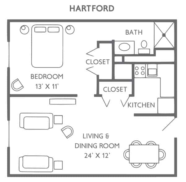 Floor plan of a one-bedroom apartment labeled 'Hartford'.