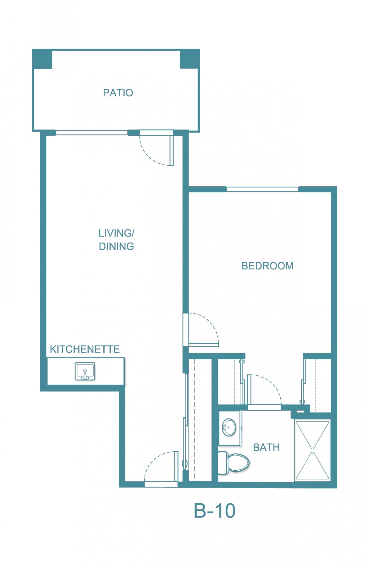 A simple floor plan of a one-bedroom apartment featuring a living/dining area, kitchen, bedroom, and bathroom.