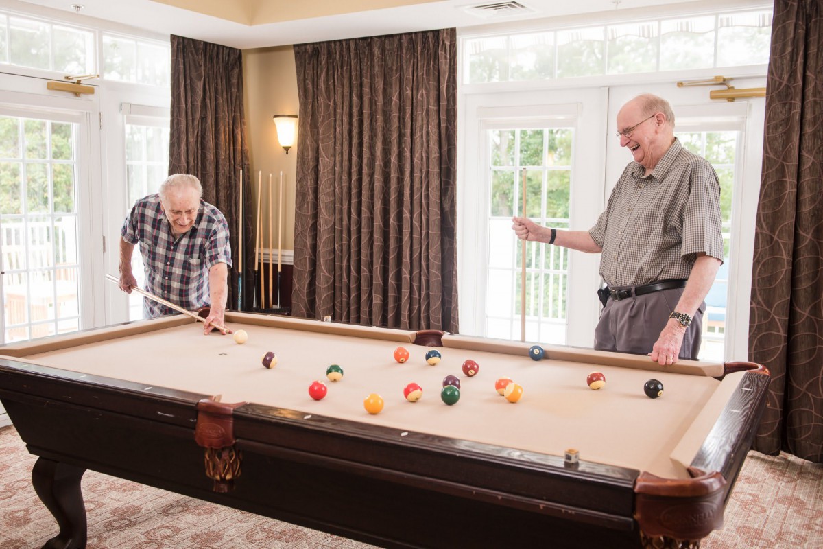 Two men enjoying a game of billiards indoors.