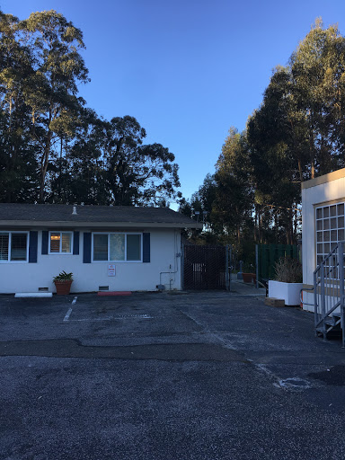 A quiet residential area featuring a white building and surrounding trees.