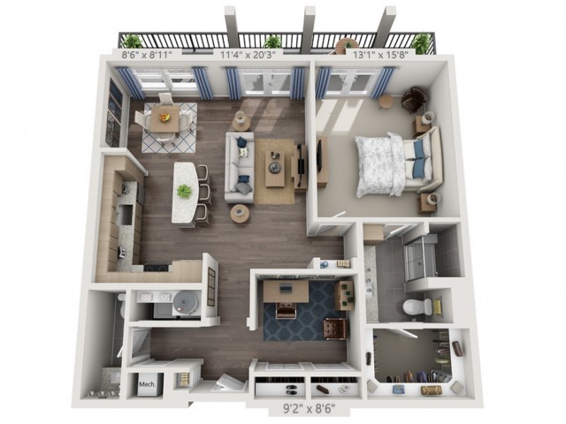 A 3D floor plan of a modern one-bedroom apartment with an open kitchen and living area.