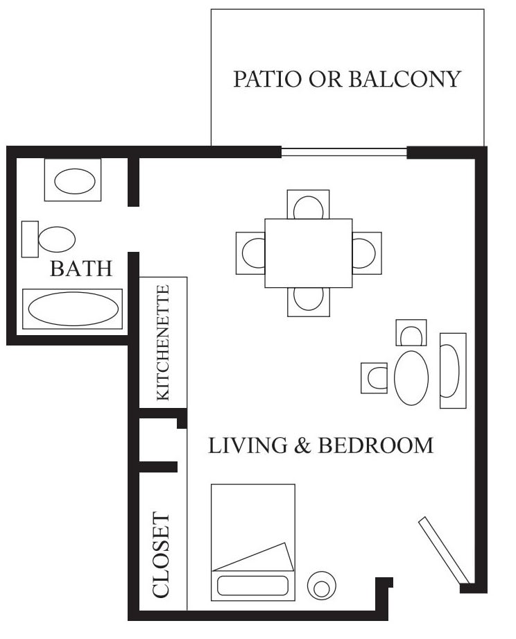 A studio apartment floor plan with a kitchenette, bathroom, living and bedroom area, closet, and a patio or balcony.