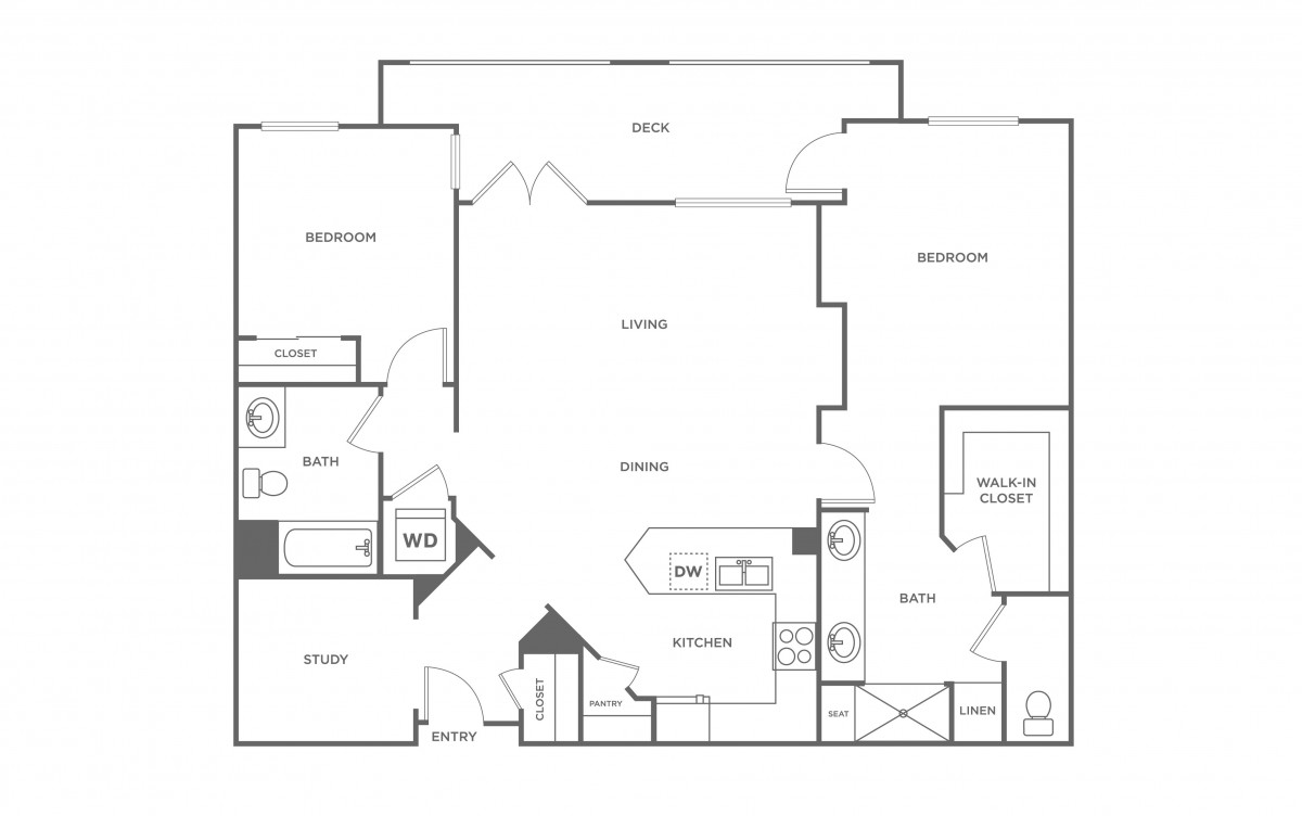 A detailed floor plan of a two-bedroom apartment with labeled rooms and amenities.