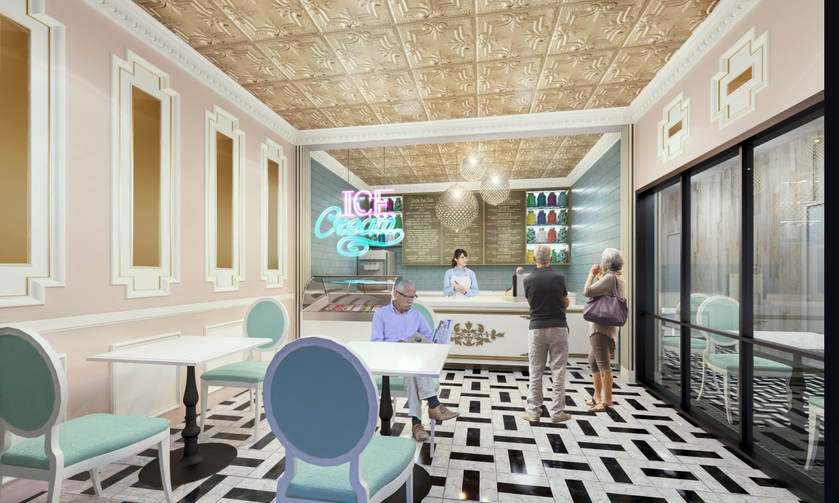 A cozy cafe with stylish decor, featuring a neon sign, elegant seating, and patrons enjoying their time.