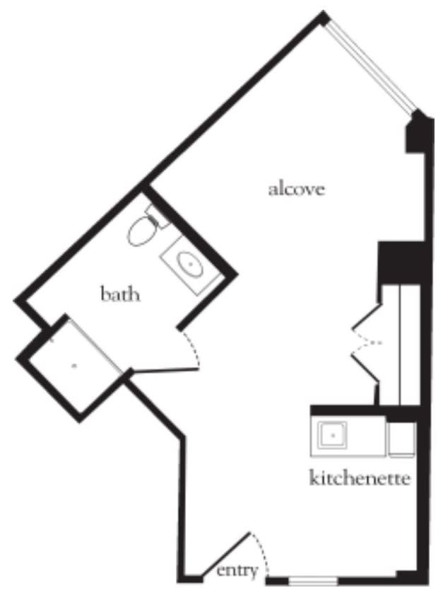 A floor plan showing an apartment layout with a bath, alcove, and kitchenette.