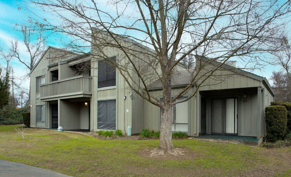 A suburban house with a modern design, featuring a large tree in the front yard.