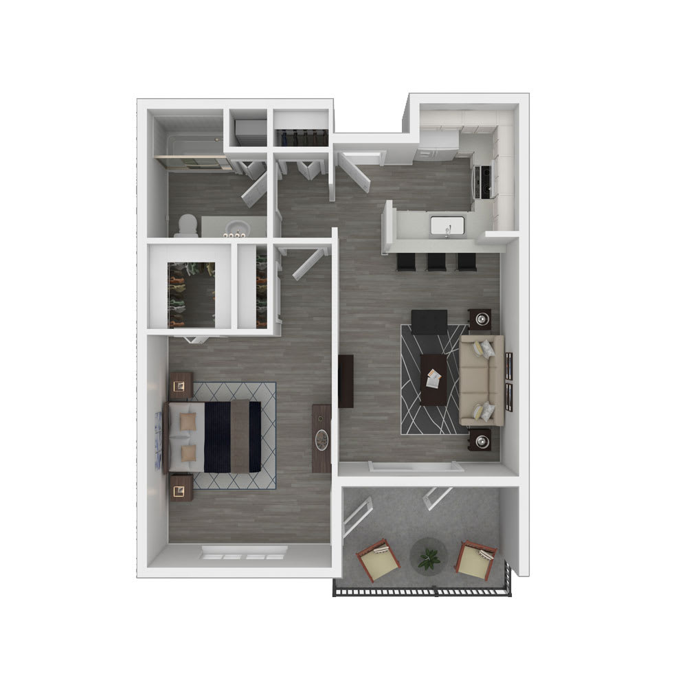 A detailed floor plan of a modern apartment featuring a living room, kitchen, bedroom, bathroom, and balcony.