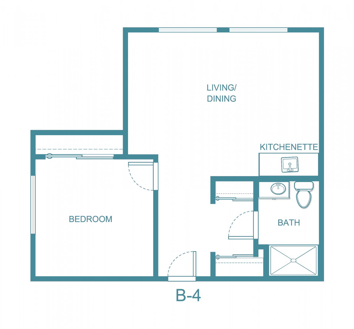 A floor plan of a one-bedroom apartment with a living/dining area, bathroom, and kitchenette.