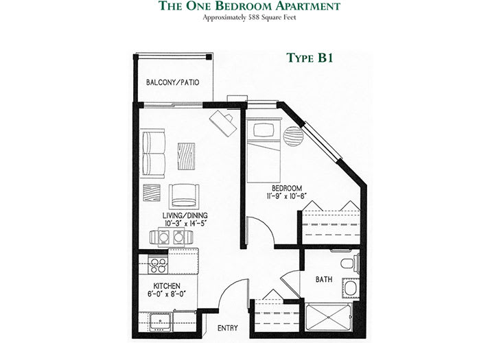 Floor plan of a one-bedroom apartment, Type B1.