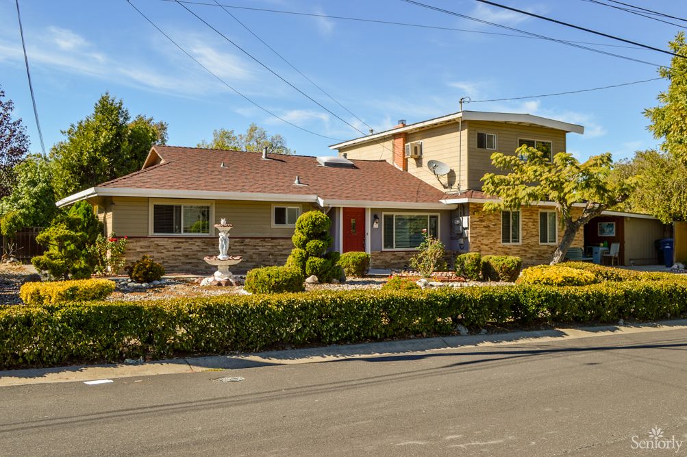 A suburban house with well-maintained landscaping and a fountain in the front yard.