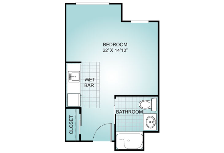 A floor plan of a one-bedroom space with a bathroom, closet, and a wet bar.
