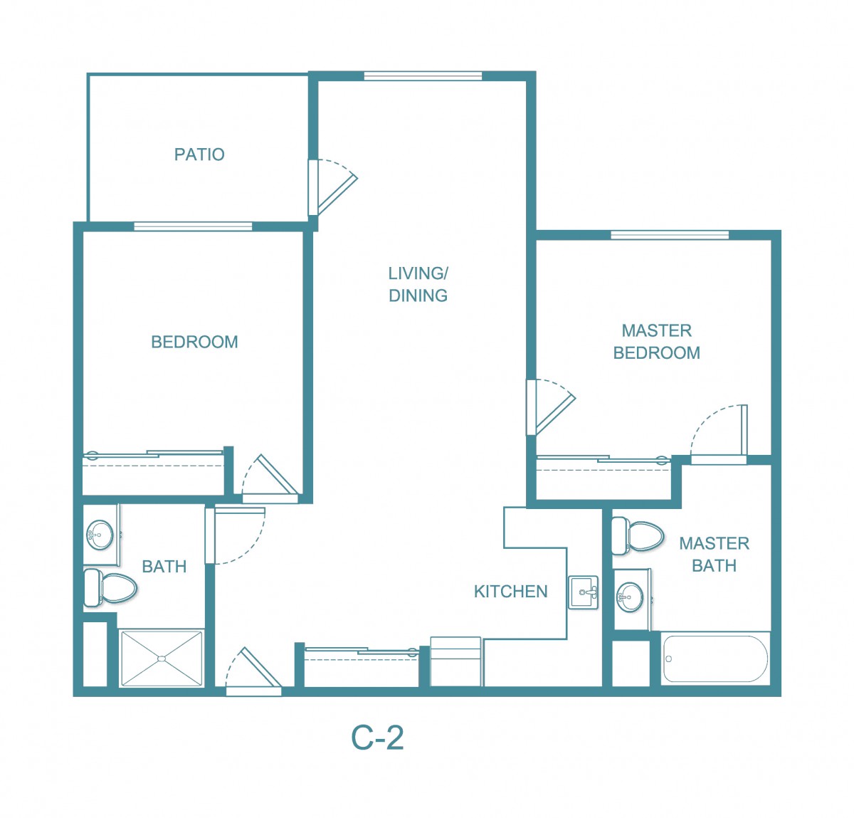 This is a floor plan of a two-bedroom apartment, featuring a living space, kitchen, bath, master bedroom, and patio.