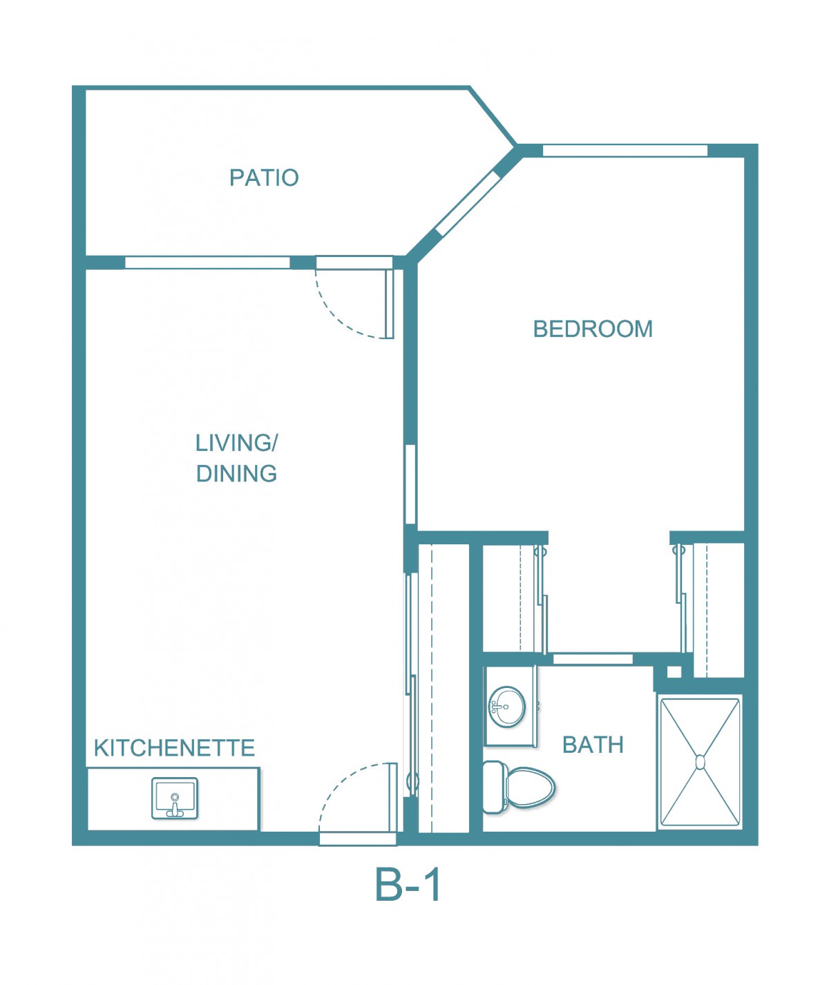 Layout of a one-bedroom apartment with a living/dining area, kitchenette, bathroom, and patio.