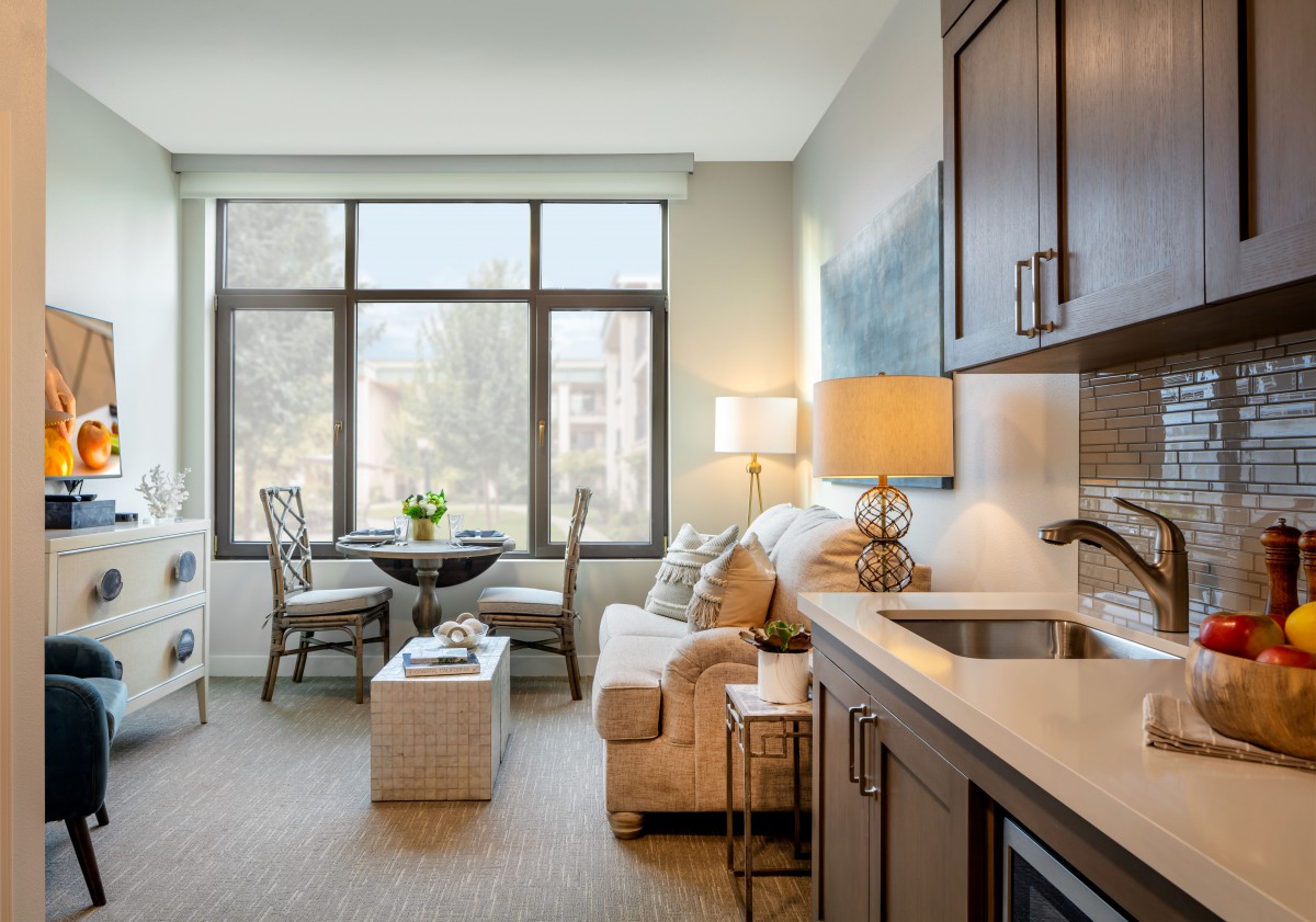 A cozy modern apartment featuring a bright living room with a kitchenette and ample natural light.