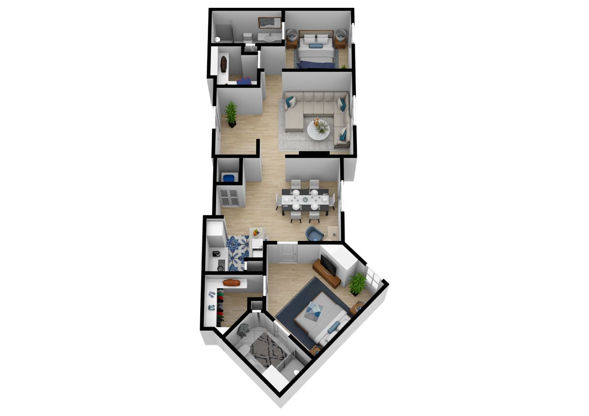 A 3D floor plan of an apartment showing the layout of rooms and furniture.