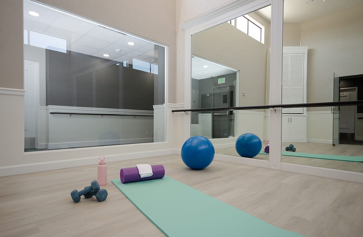 A home gym setup featuring a yoga mat, dumbbells, a stability ball, and a foam roller in front of large mirrors.