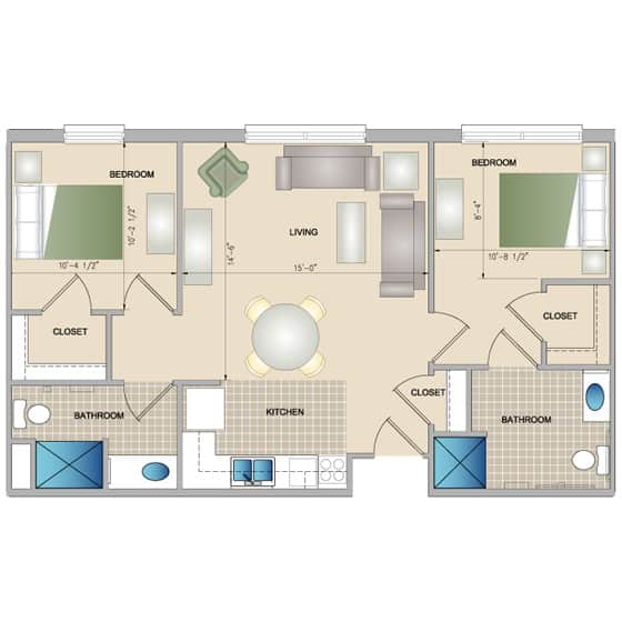 A floor plan of a two-bedroom apartment featuring a central living room, kitchen, and two bathrooms.