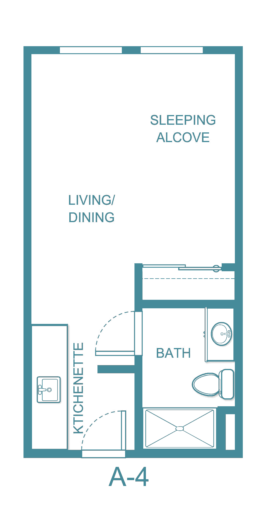 Floor plan of a studio apartment with living/dining area, alcove, kitchenette, and bathroom.