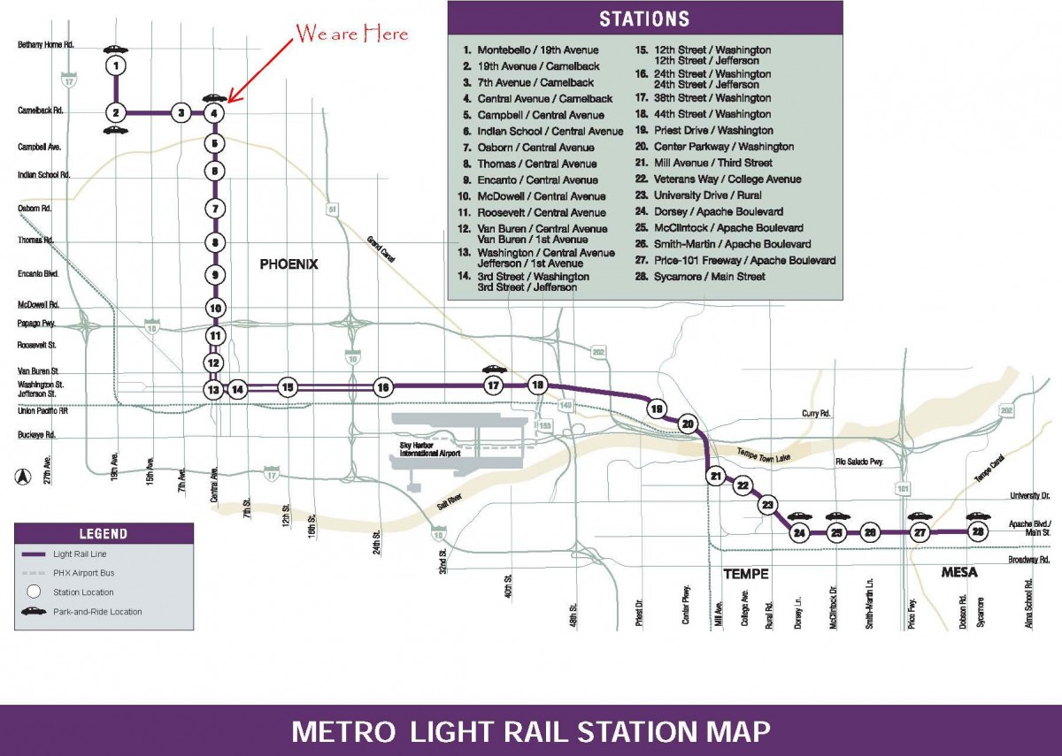 A map of the metro light rail station showing various routes and stations.