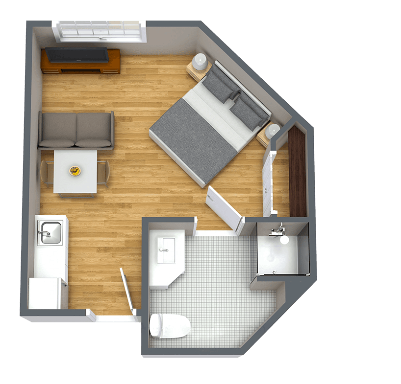 A 3D rendering of a compact studio apartment showcasing the layout with a living area, bedroom, kitchen, and bathroom.