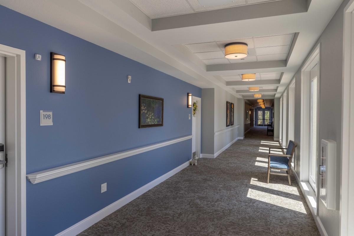 A well-lit hallway with blue walls and carpet flooring, featuring chairs along the side and ceiling lights.
