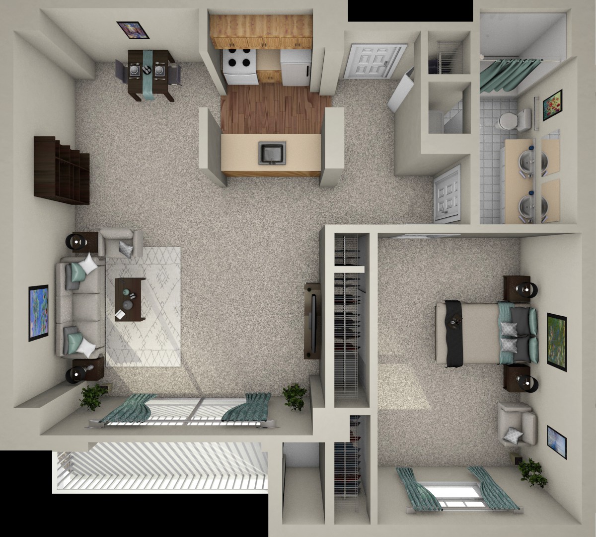 A 3D rendered floor plan showcasing the layout of a modern apartment with living space, kitchen, and bedrooms.