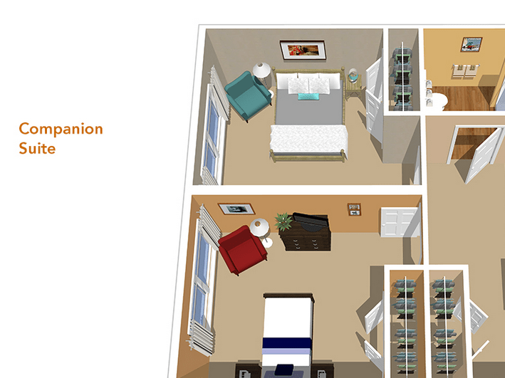 A detailed floor plan of a two-room layout showcasing furniture arrangement.