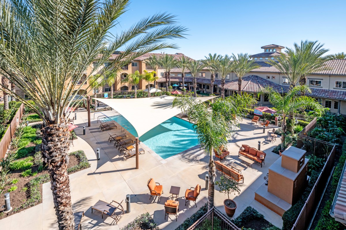 A luxurious resort with a spacious outdoor pool area surrounded by palm trees and seating, under a clear blue sky.