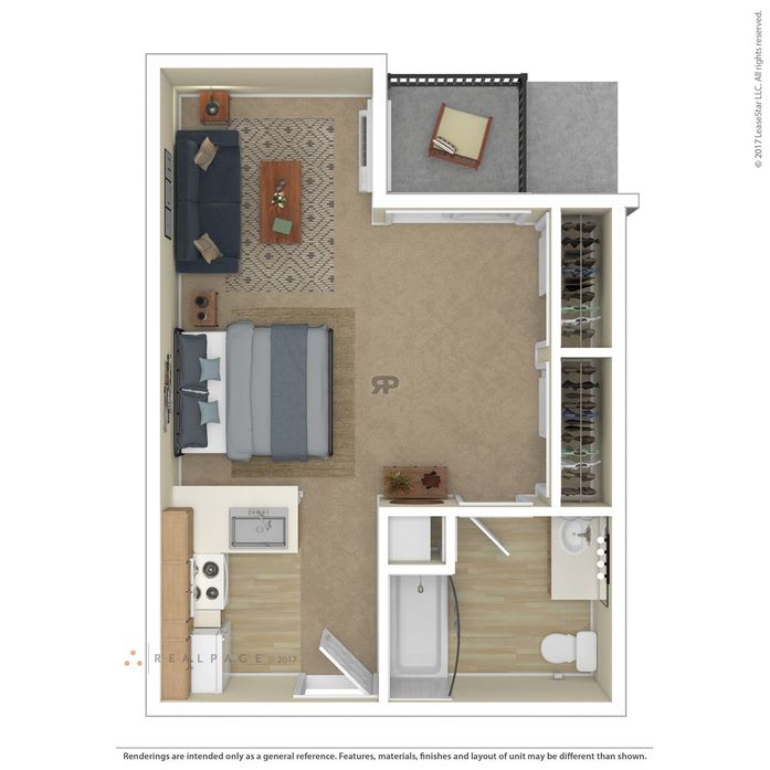 A detailed floor plan of a one-bedroom apartment with a kitchen, living area, bathroom, bedroom, and balcony.