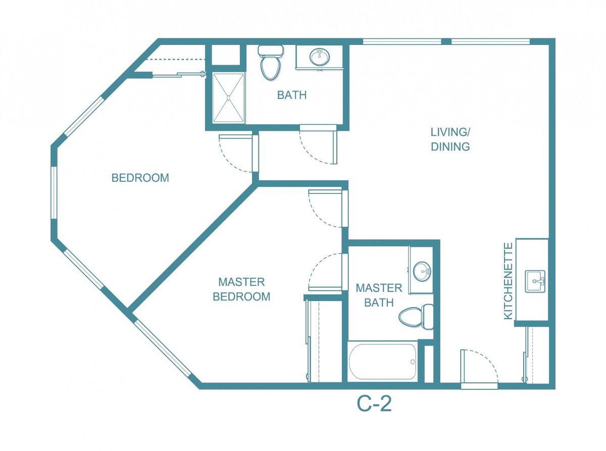 A blueprint of a two-bedroom, two-bathroom apartment layout.