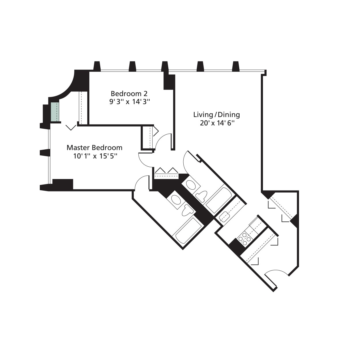 A floor plan of a two-bedroom apartment with labeled dimensions.