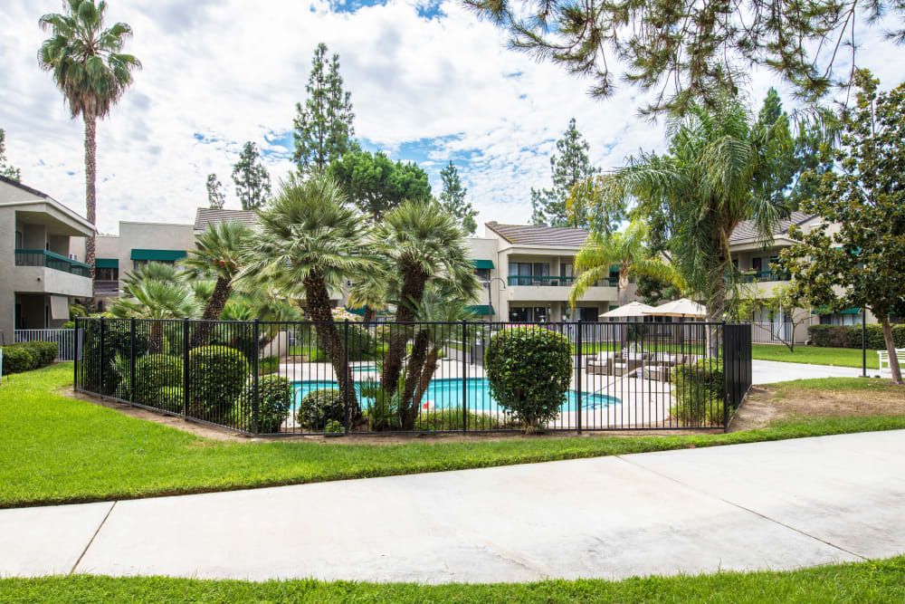 A view of an apartment complex with a fenced swimming pool surrounded by trees.