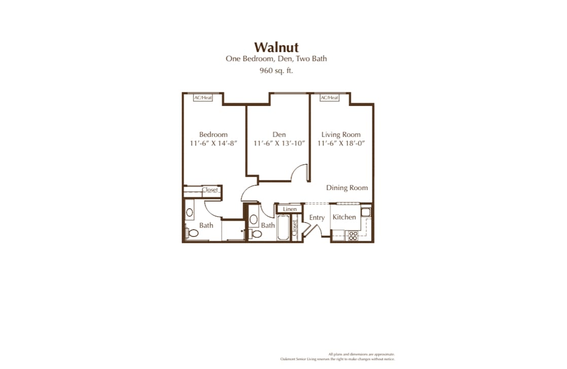 Walnut apartment floor plan, featuring two bedrooms and two bathrooms.