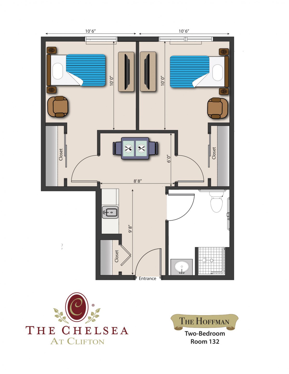 A two-bedroom apartment floor plan from The Chelsea.