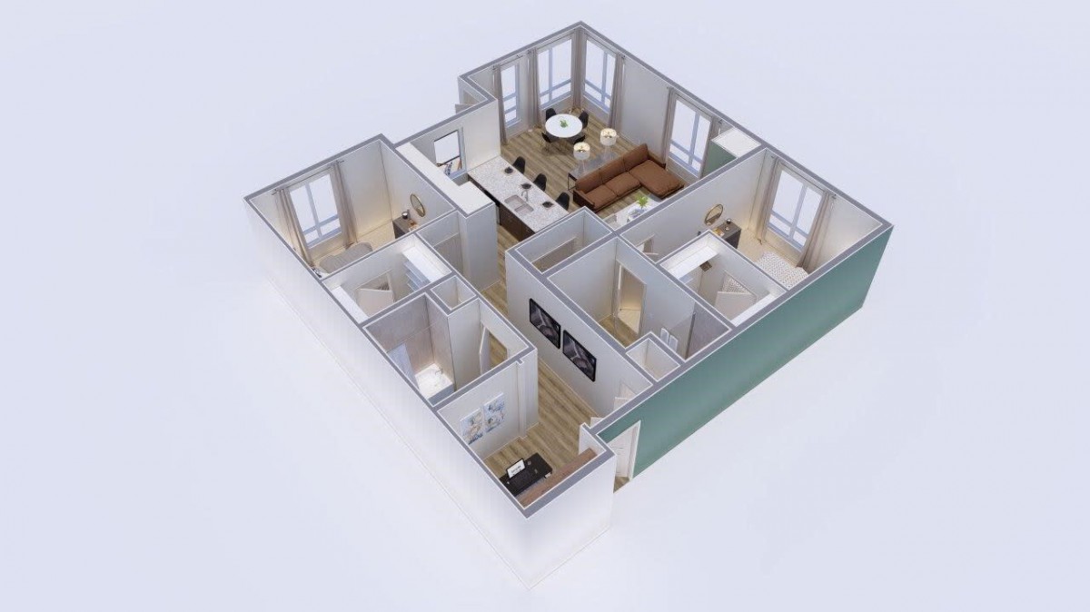 A 3D floor plan of a modern apartment with two bedrooms, a living room, kitchen, and bathroom.