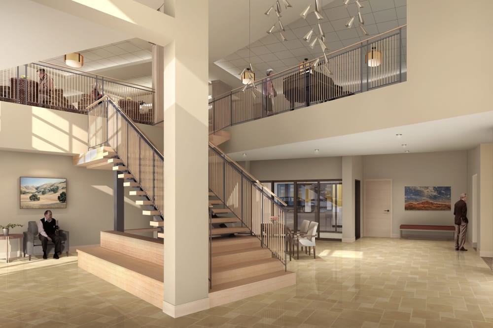 A modern interior featuring a sleek staircase and an open balcony area.