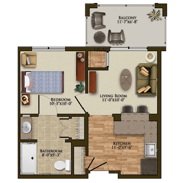 A detailed floor plan of a one-bedroom apartment, featuring a living room, kitchen, bathroom, and balcony.