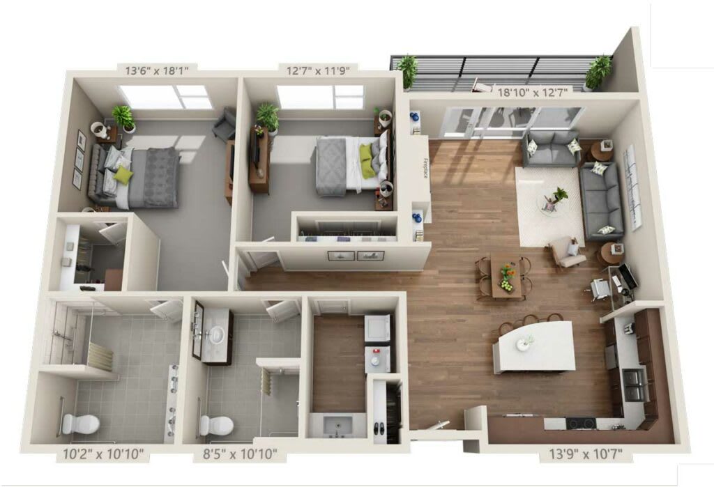 A detailed floor plan of an apartment featuring a living room, two bedrooms, a kitchen, and a bathroom.