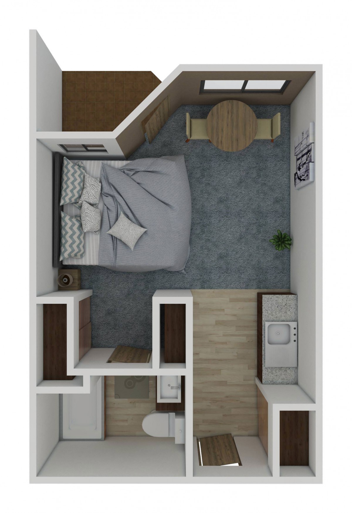 A 3D floor plan of a small bedroom with strategic furniture placement.