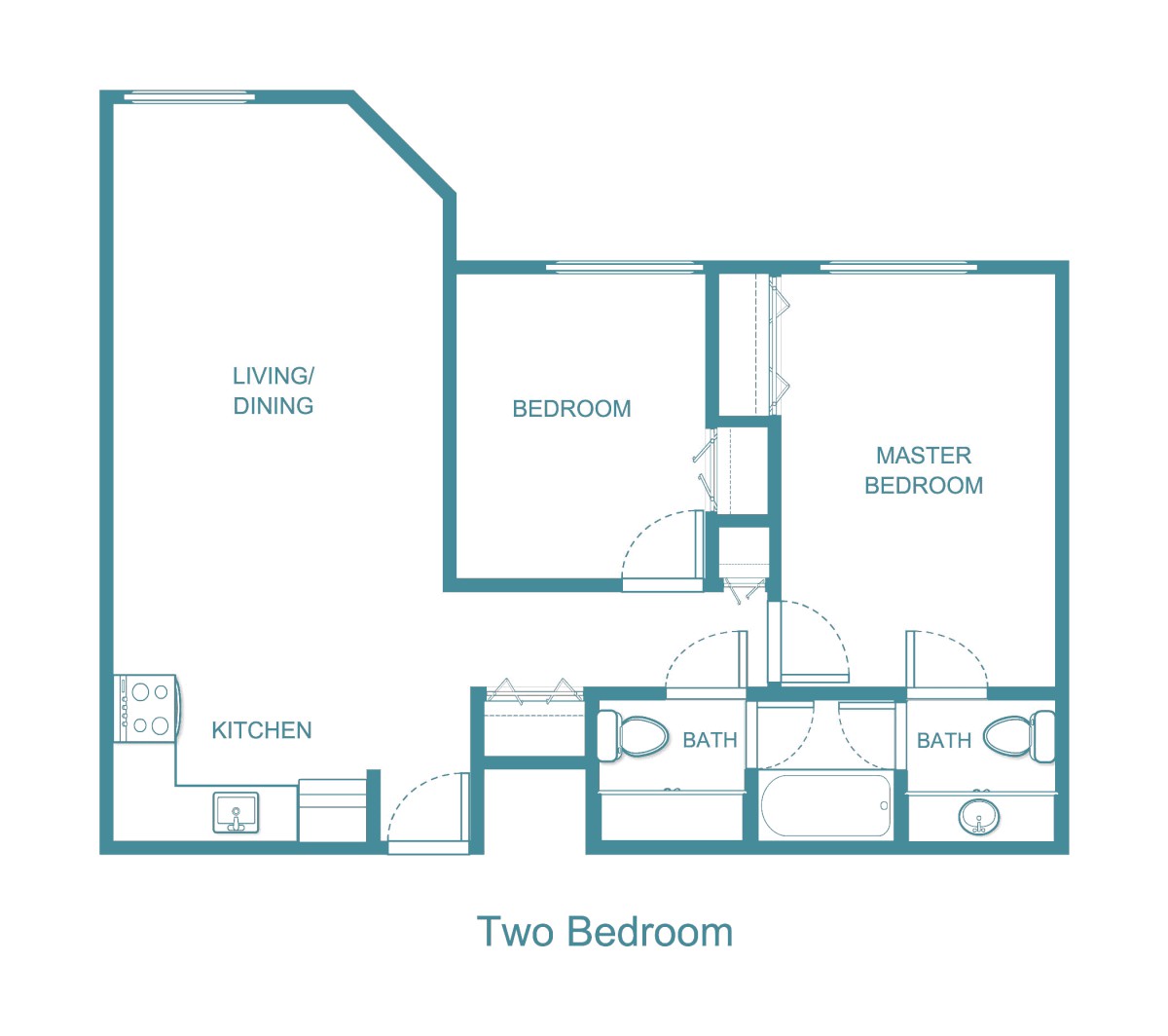 A floor plan of a two-bedroom apartment, showing the layout of rooms including a kitchen, living/dining area, and bathrooms.