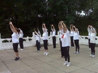 A group of people practicing tai chi outdoors in a park.