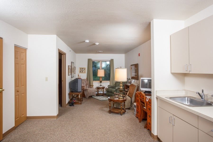 A cozy living room with vintage decor, featuring a carpeted floor, classic furniture, and warm lighting.
