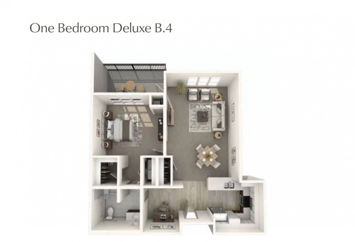 One Bedroom Deluxe B.4 apartment floor plan with open living and kitchen area.