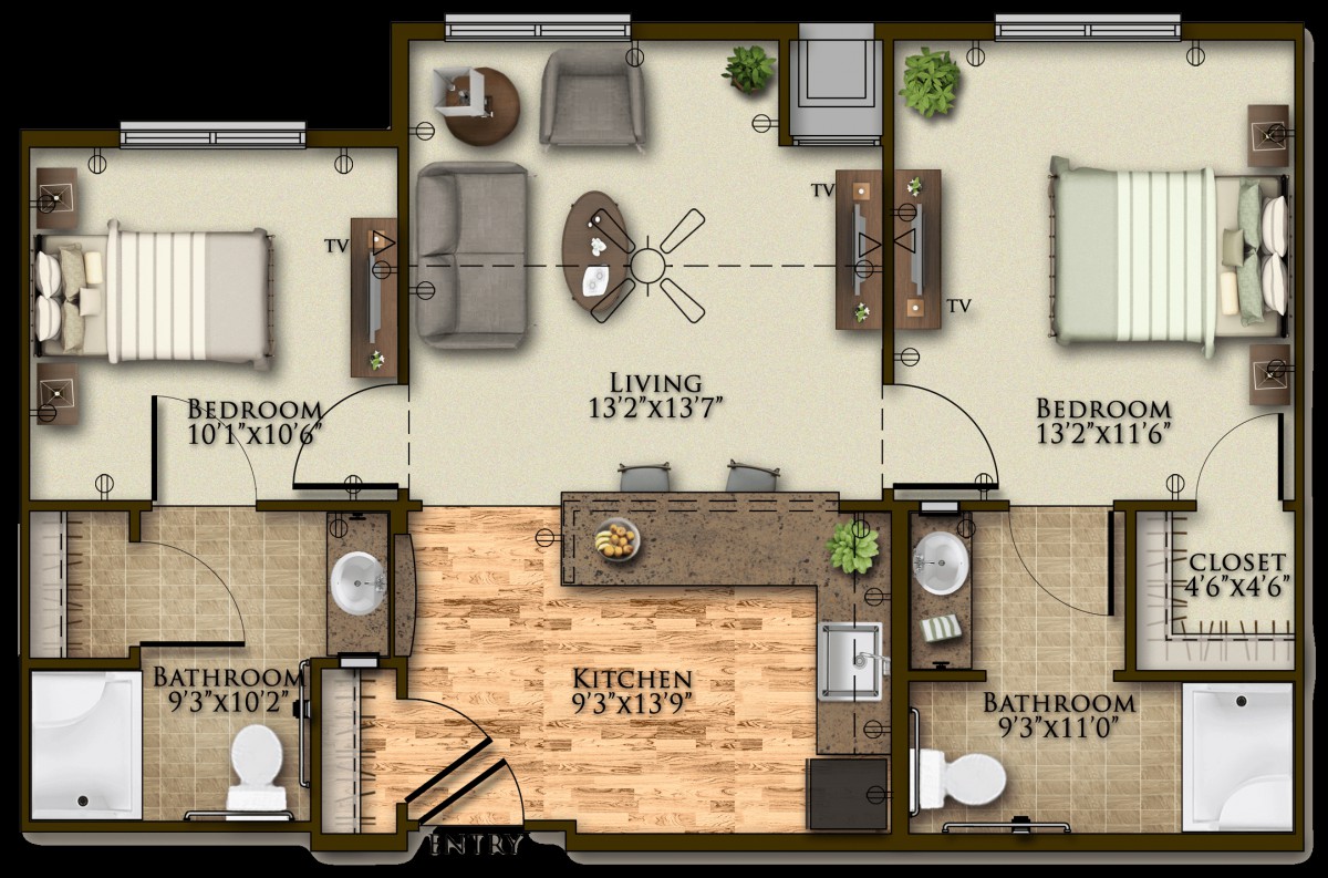 A floor plan of a two-bedroom apartment, featuring a living room, kitchen, and two bathrooms.