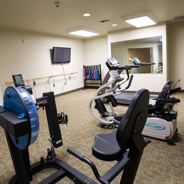 A small gym with exercise equipment, including treadmills and stationary bikes, along with a television and mirror.
