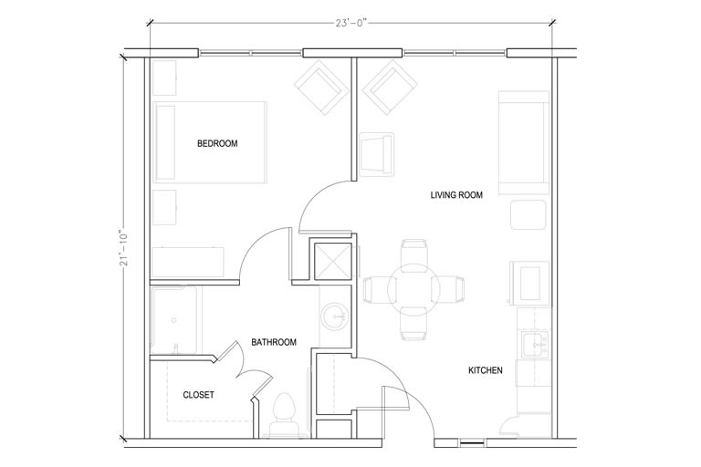 A simple architectural floor plan showing a bedroom, living room, kitchen, bathroom, and closet.