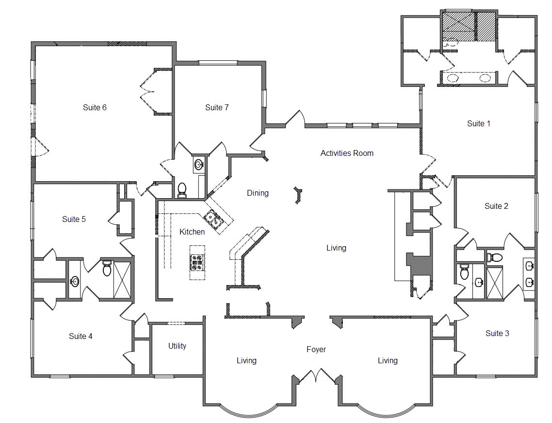 A detailed floor plan of a house showing various rooms and spaces.